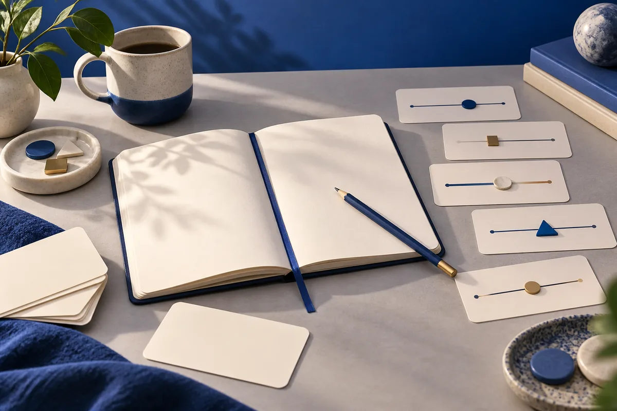 An open blank notebook and blue pencil sit beside five cards with colored markers on horizontal lines; a mug, plant, books, and small dishes surround them.