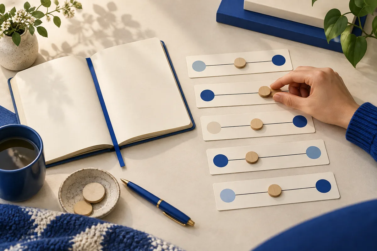 An open notebook lies beside five cards with colored endpoints and wooden markers, while a hand adjusts one marker.