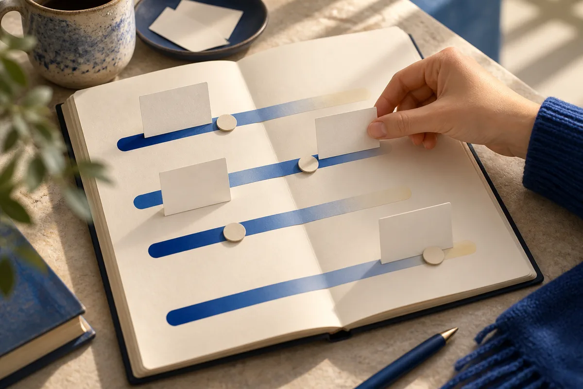 An open notebook displays four blue horizontal bars with circular markers and blank cards, while a hand moves one card.