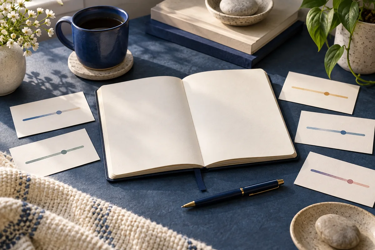 An open blank notebook sits among cards with colored slider lines, a blue coffee mug, books, and potted plants.