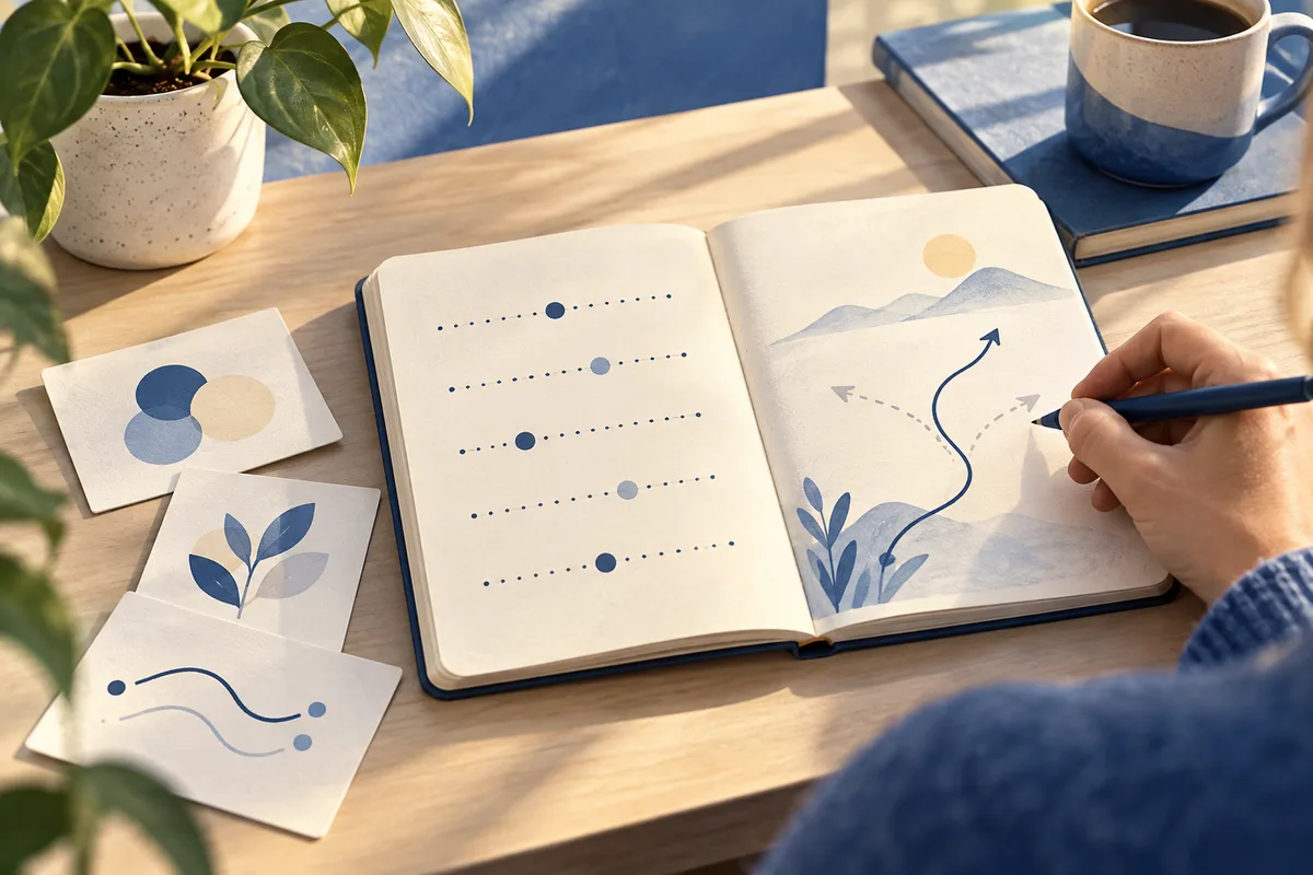 A hand draws a curved path in an open notebook beside dotted scales and cards with abstract shapes and lines.
