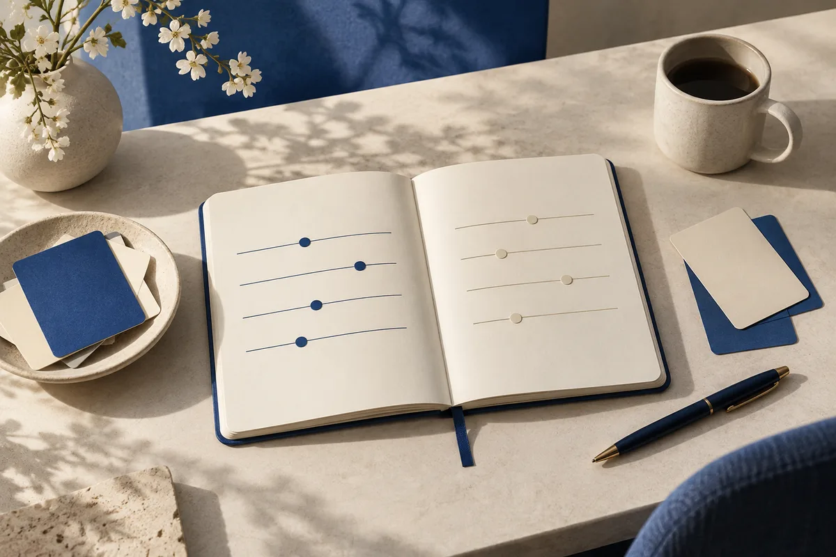 An open notebook with blue and cream slider lines sits on a table beside blank cards, a pen, a cup, and a vase of white flowers.