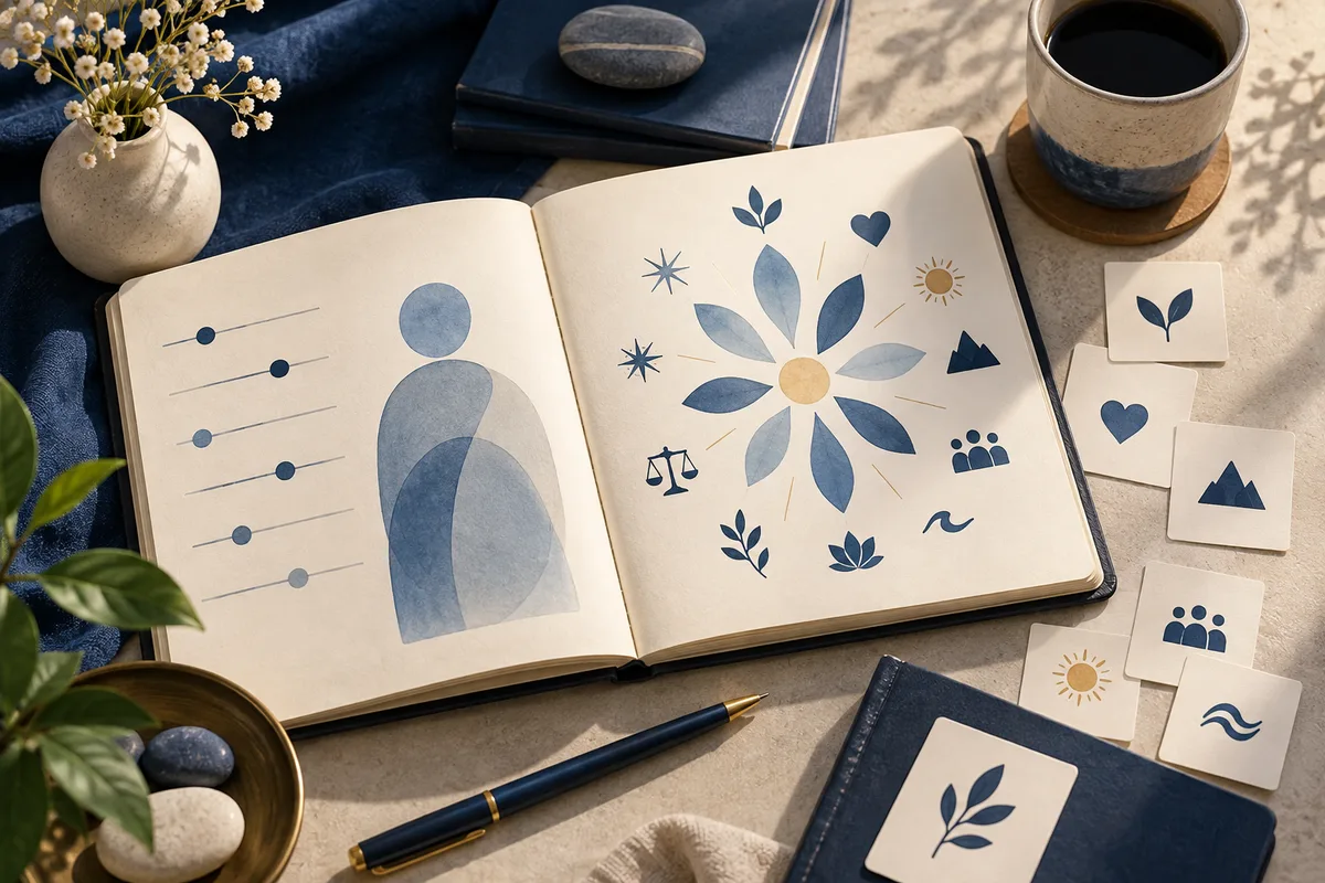 Open notebook with abstract diagrams, a flower-like arrangement of blue symbols, and loose icon cards on a desk beside a pencil, plants, and a cup.