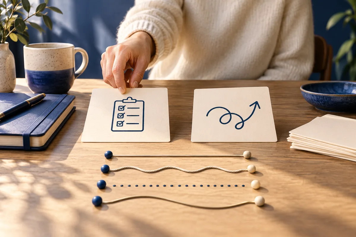 A hand reaches toward a checklist card beside a card with a looping arrow; four lines of beads and cords sit across the wooden table.