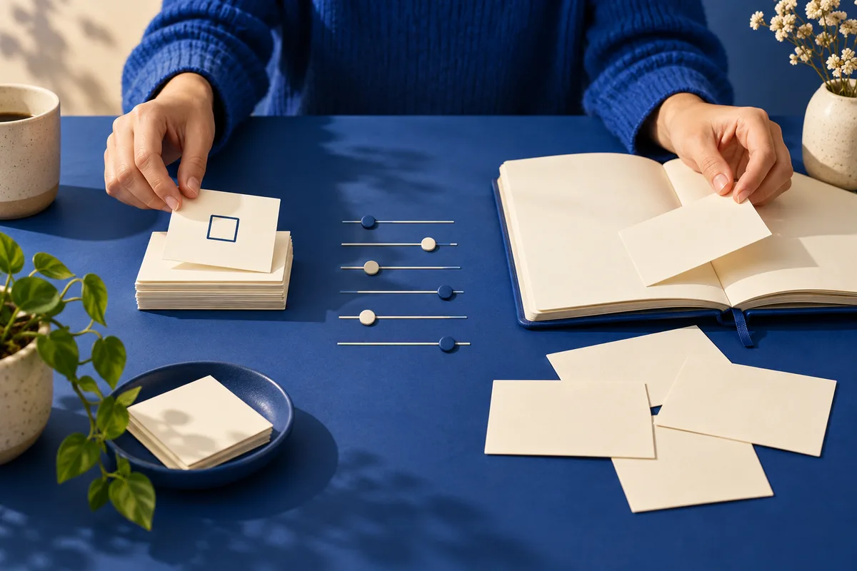 A person holds blank cards over an open notebook, with six slider-like lines and scattered cards on a blue table.