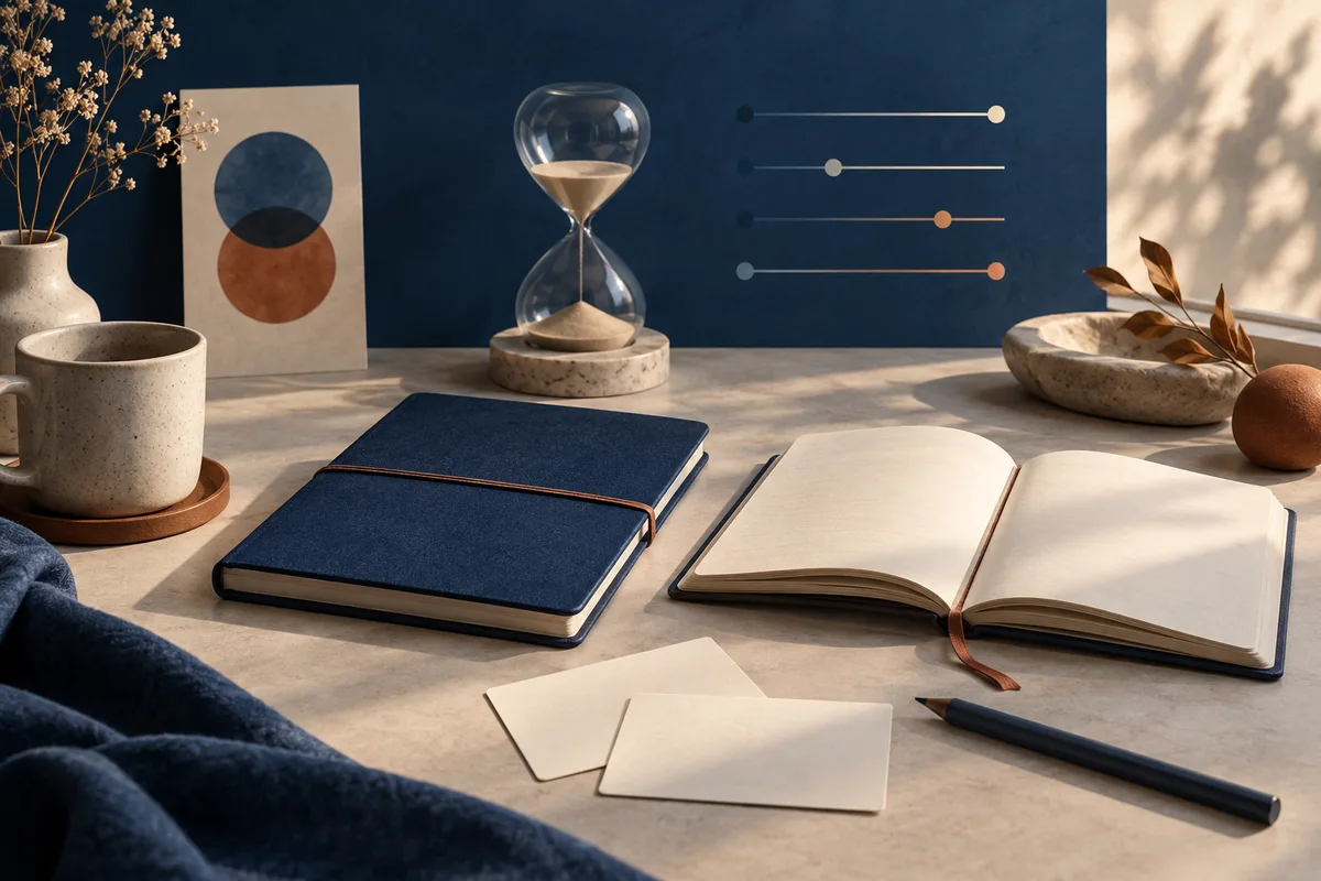 A tabletop scene with an hourglass, closed and open notebooks, blank cards, and a pencil against a dark blue wall with simple horizontal lines.
