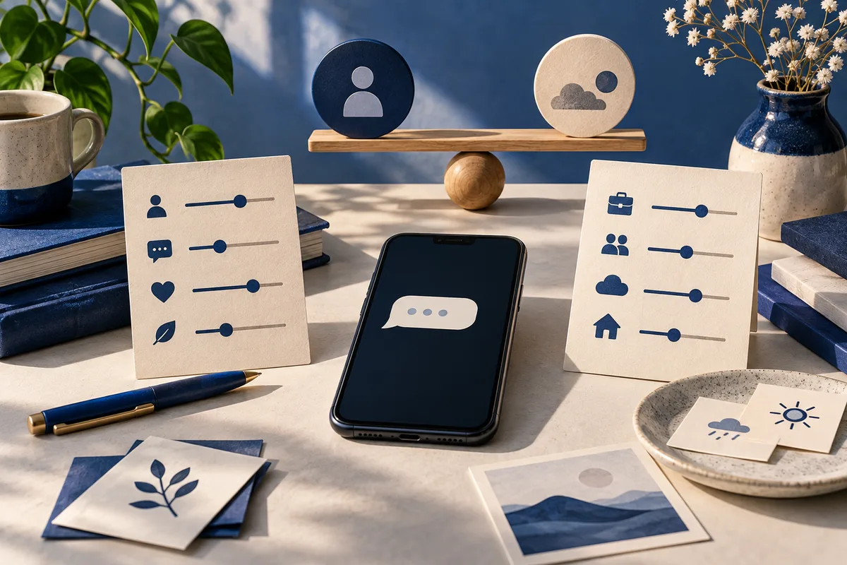 A smartphone with a speech bubble on its screen sits between two cards showing icons and horizontal slider lines.