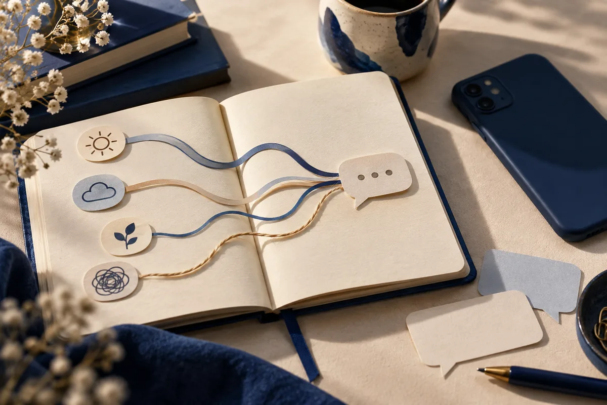 An open notebook shows colored strands connecting four icon tokens to a speech bubble; a smartphone, cards, a cup, and blue books surround it.