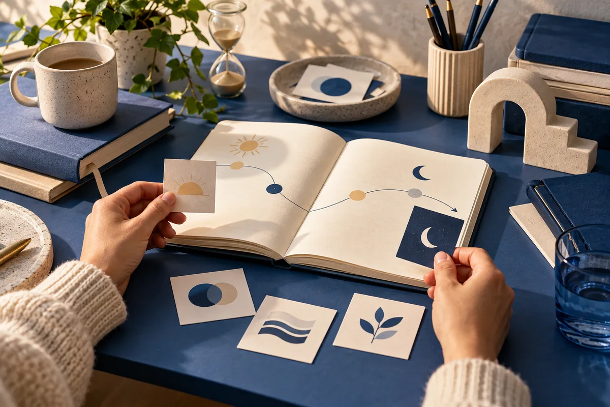 Hands hold illustrated cards over an open notebook showing sun, moon, and connected colored dots on a blue tabletop with books, a cup, an hourglass, pencils, and a plant.