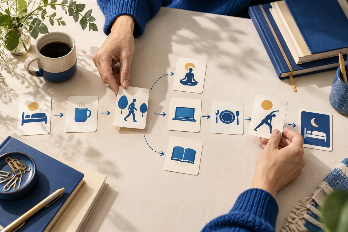 Hands arrange illustrated cards in an arrow-linked sequence showing sleep, coffee, walking, meditation, a laptop, a meal, exercise, reading, and sleep.