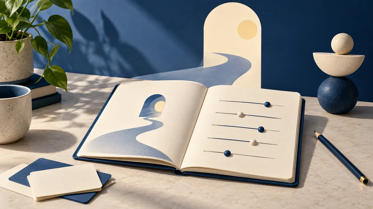 Open notebook with a winding abstract path on one page and five horizontal lines with blue and cream markers on the other, beside a plant, cup, cards, pencil, and stacked geometric shapes.