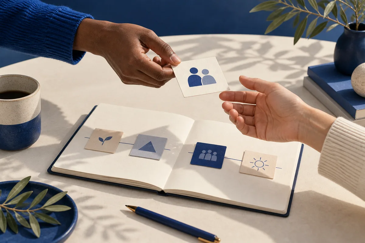 Two hands exchange a card with a simple two-person icon above an open notebook displaying four symbol cards, with a cup, plant, and pencil nearby.