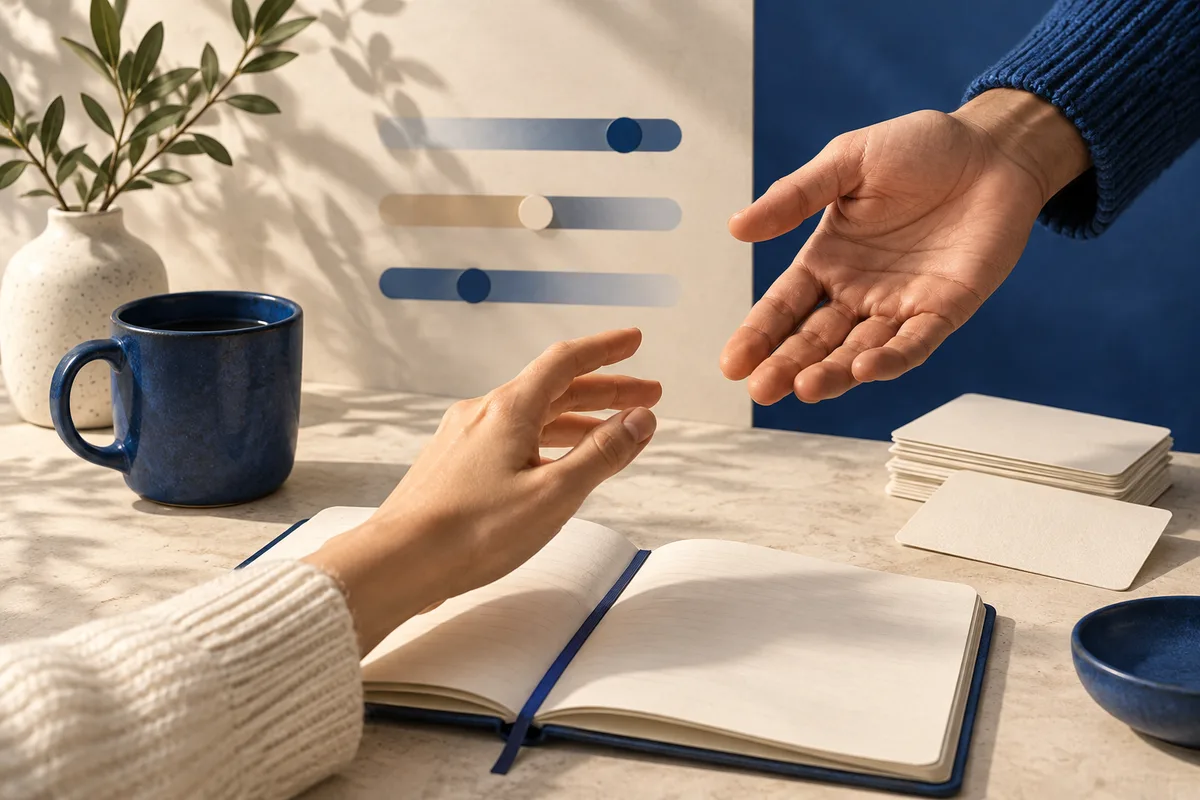 Two hands reach toward each other above an open notebook, with three abstract horizontal sliders on the wall, a cup, a vase, and stacked cards nearby.