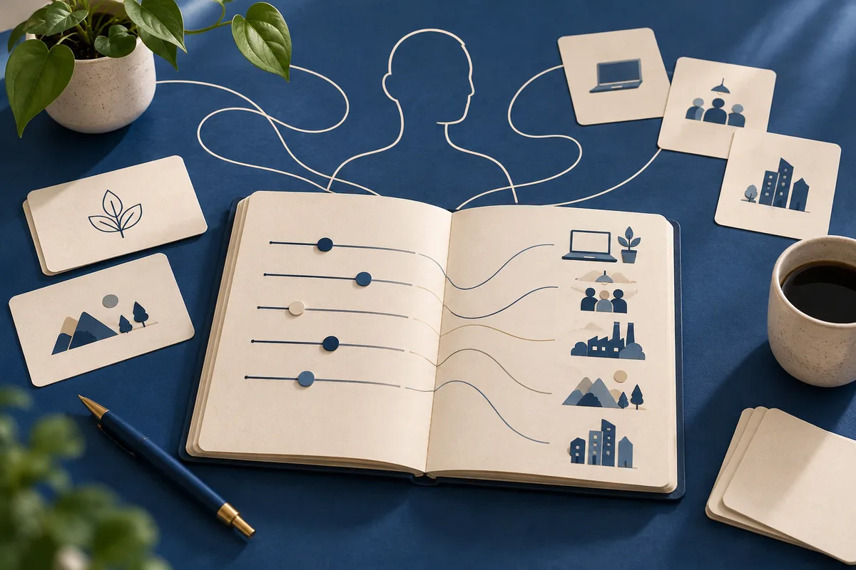An open notebook shows five slider lines linked to small illustrations of a laptop, people, a factory, mountains, and buildings. A plant, pen, cards, and coffee cup sit around it on a dark blue desk.