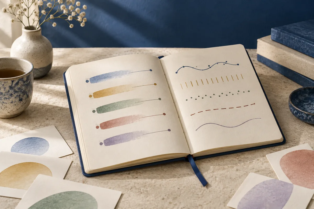 An open notebook displays colored bars, dots, and simple line patterns on a stone tabletop, surrounded by abstract color cards, a cup, and a vase of dried flowers.