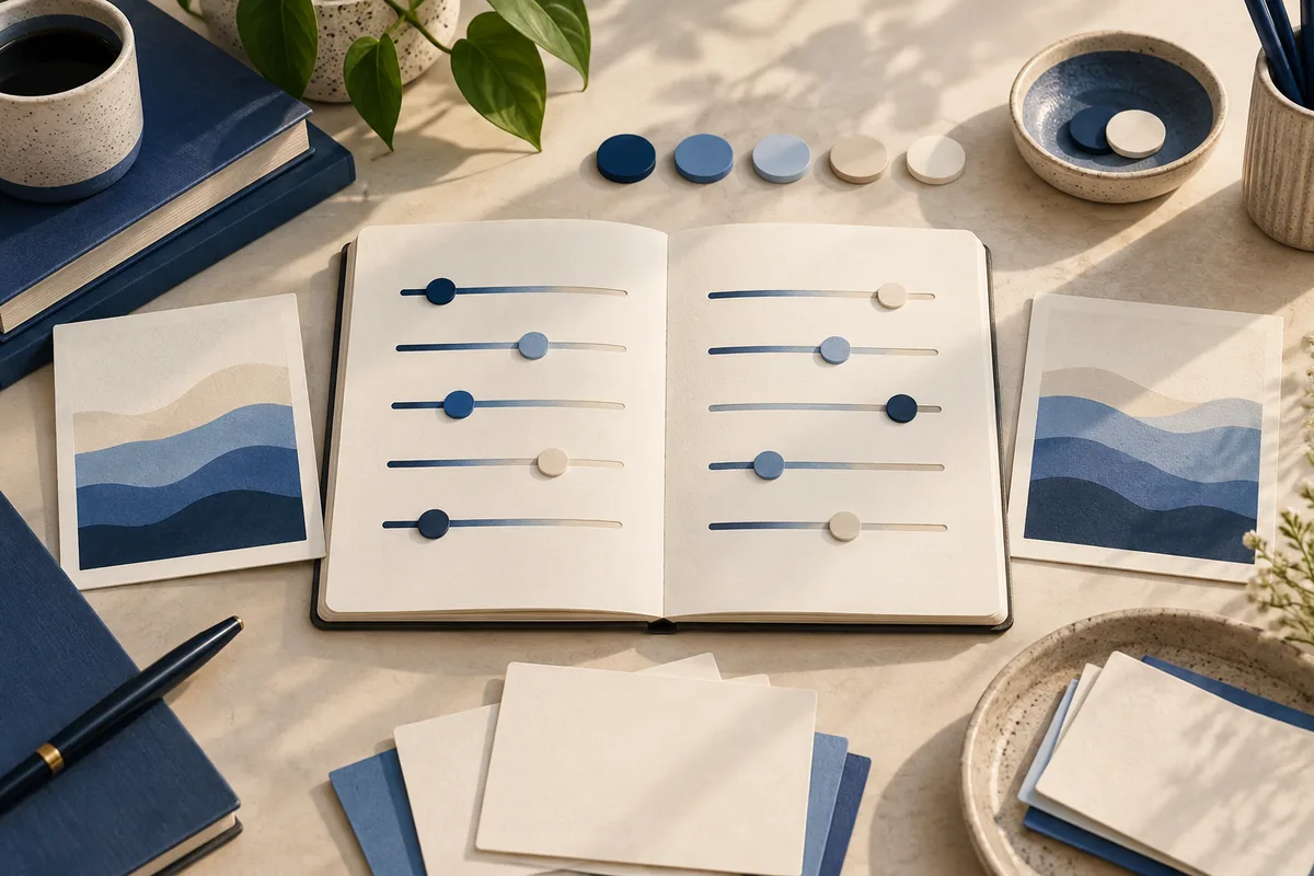 Open notebook with blue and cream slider marks, flanked by abstract layered charts, papers, and a pen on a desk.