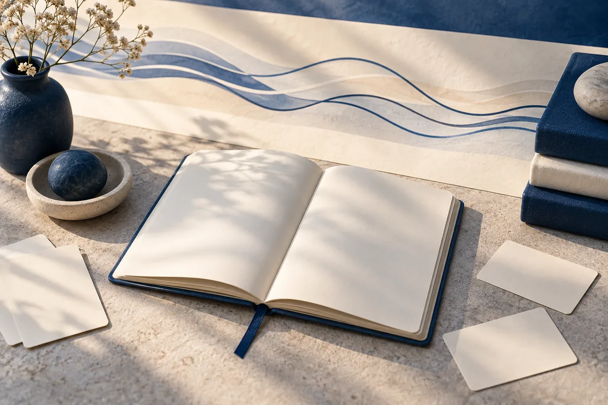 An open blank book and loose cards sit on a desk beside a blue vase, a bowl with a dark sphere, and a stack of books; blue and cream wavy lines cross the wall behind them.