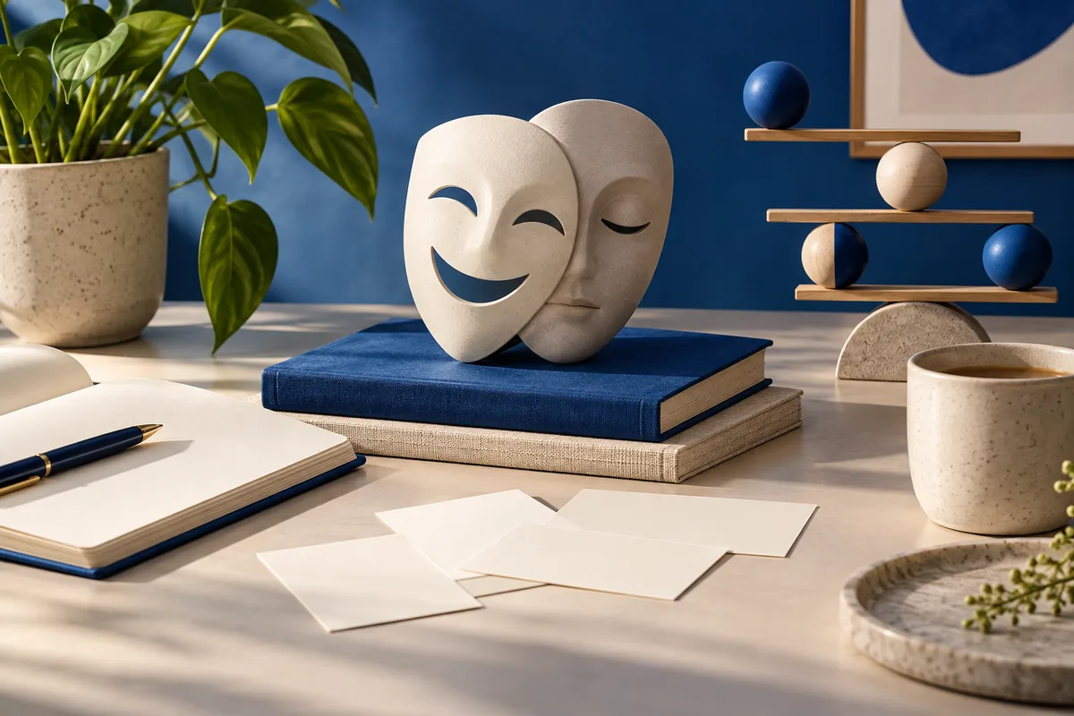 Two white theatrical masks, one smiling and one with closed eyes, rest on stacked books beside a plant, blank papers, and a geometric balance sculpture.