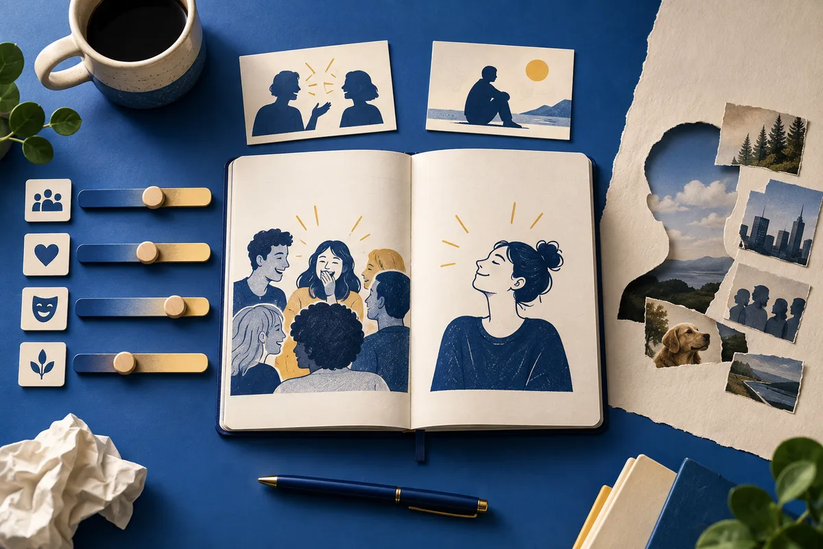 An open illustrated notebook shows a laughing group on one page and a solitary person on the other, surrounded by slider cards, small pictures, a pen, and a cup of coffee.