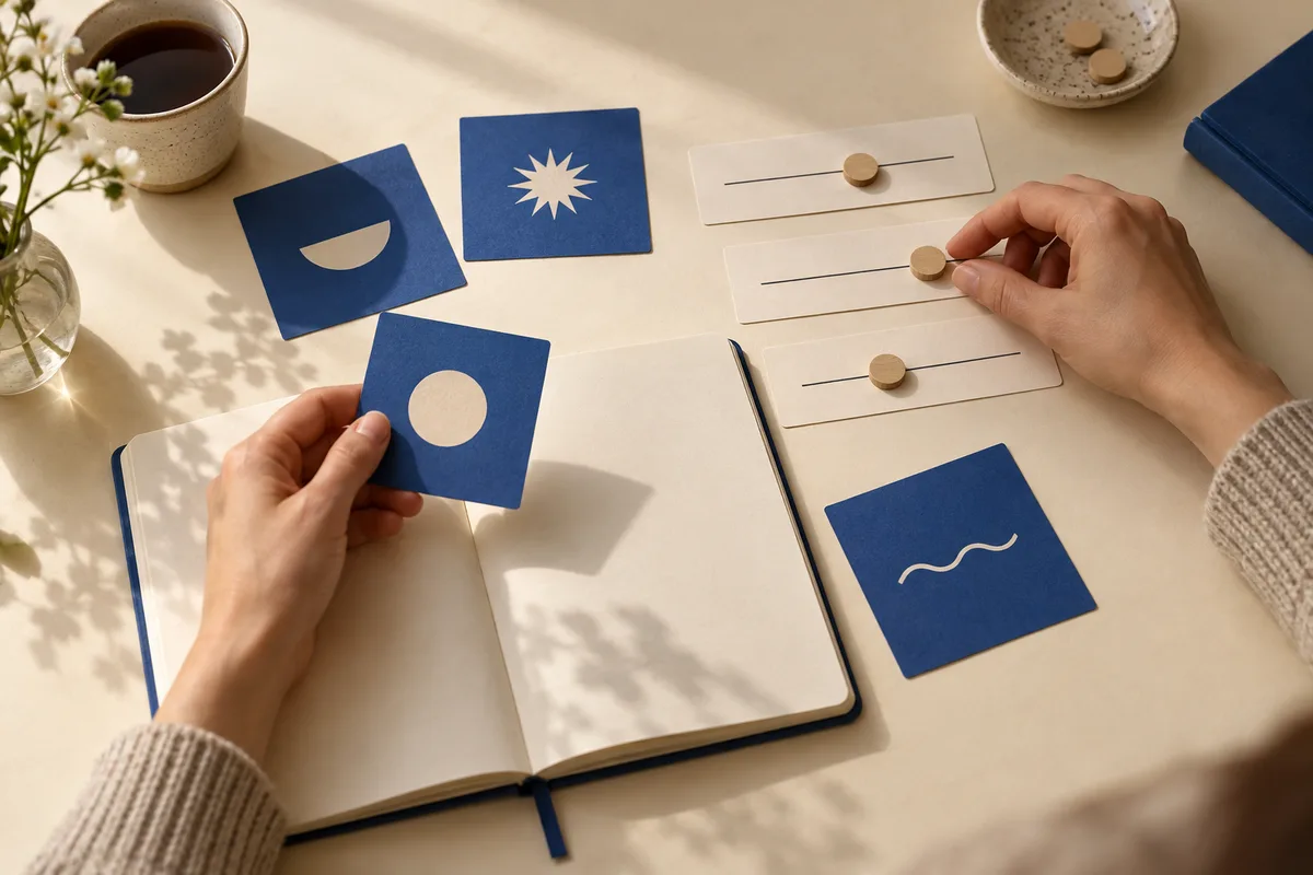 Hands arrange blue cards with simple shapes and adjust wooden markers on three horizontal scales beside an open notebook and a cup of coffee.