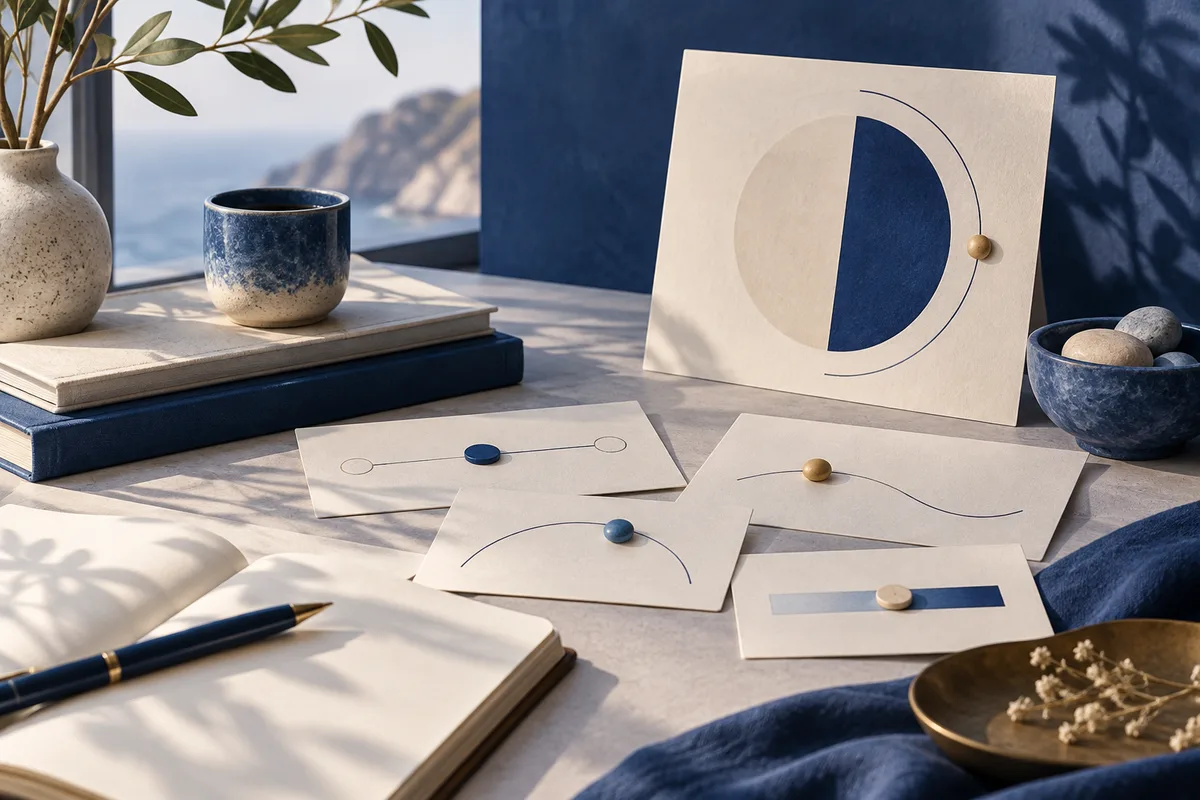 A sunlit table holds a blank notebook, stacked books, a blue cup, a vase with leafy branches, and cream cards marked with curved lines and colored round pieces.