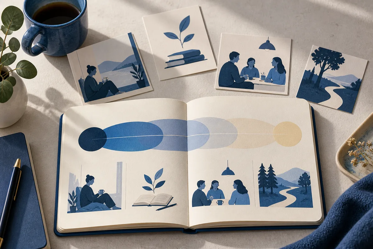 An open illustrated book shows a blue-and-cream horizontal scale and scenes of a seated figure, books and a plant, a small group talking, and a winding landscape; matching picture cards surround it.