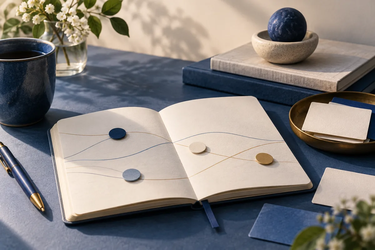 An open notebook on a blue tabletop contains several curved lines with blue, cream, gray, and gold round pieces; a pen, cup, flowers, books, a blue sphere, and blank cards sit nearby.