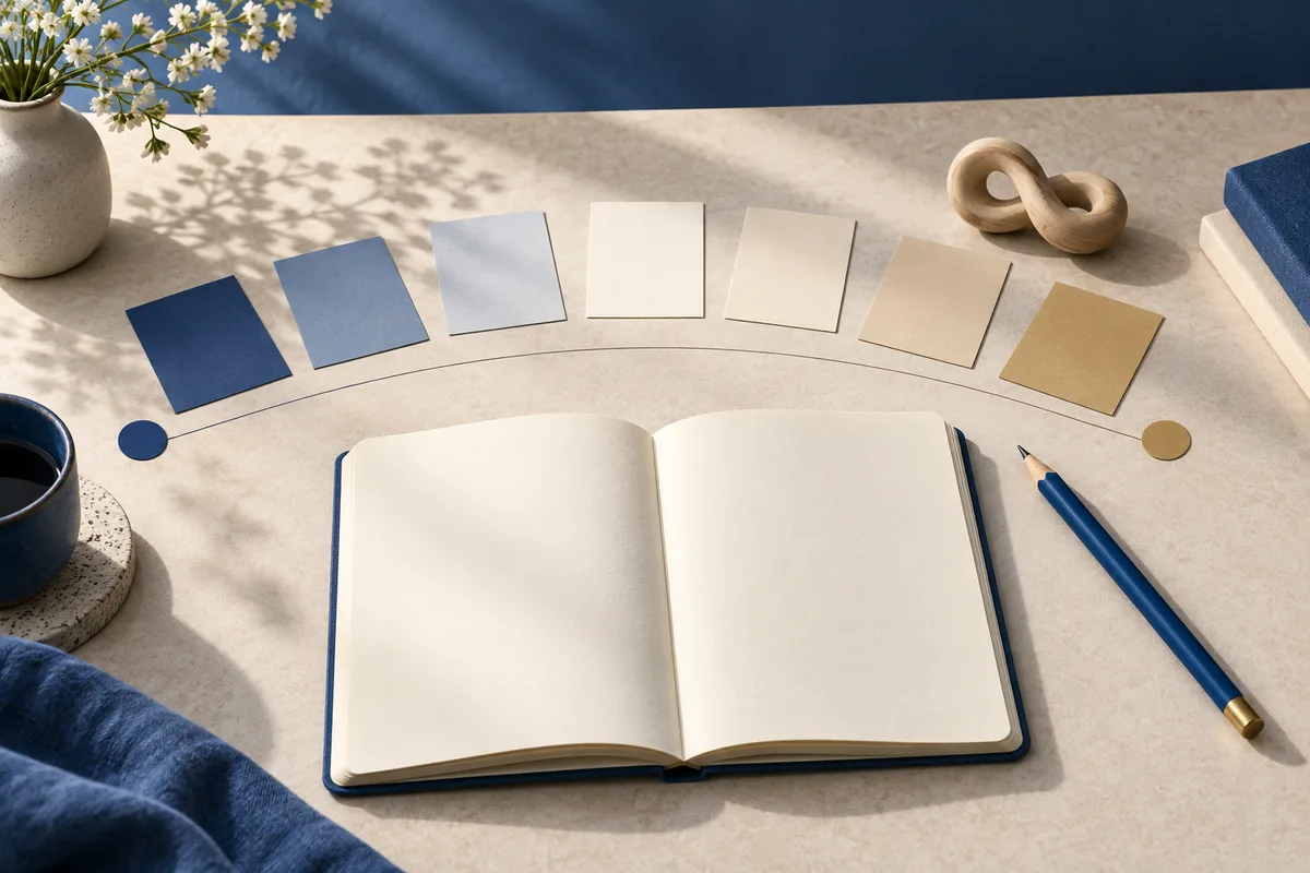 An open blank notebook sits beneath a curved row of blue, white, and tan cards, with a blue pencil, a small wooden loop sculpture, and a vase of flowers on the desk.