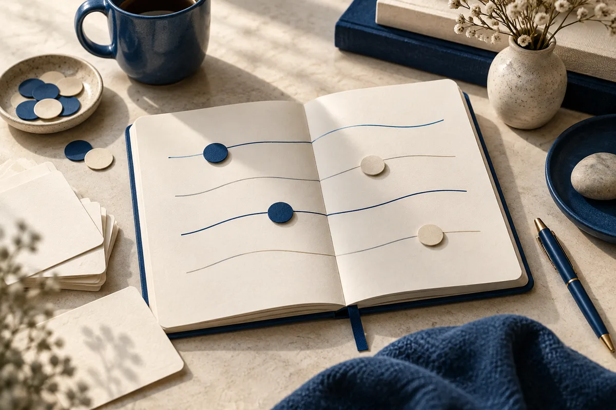 Open notebook with curved lines and blue and cream round pieces, beside a cup, books, a vase of dried flowers, and a pen.
