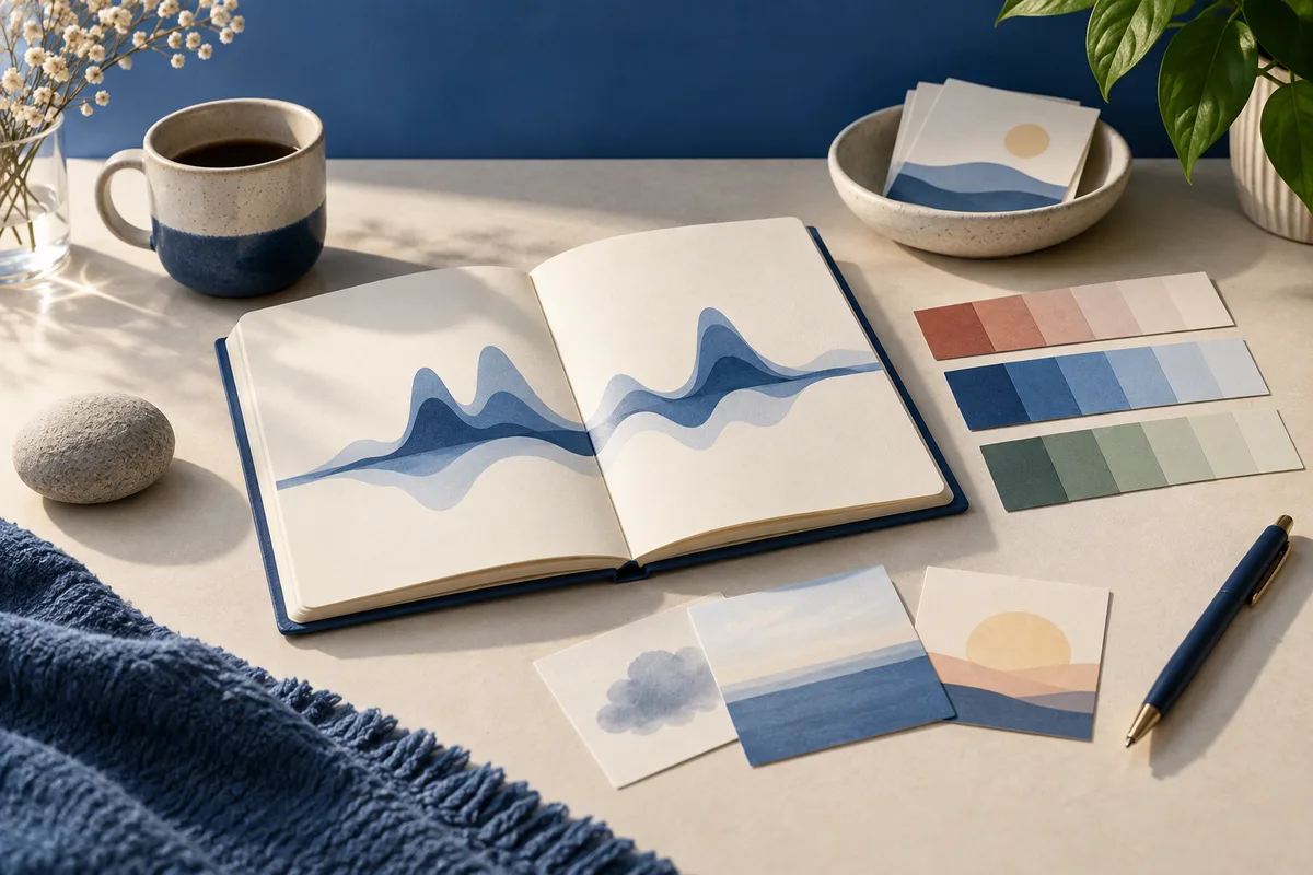 Open notebook with layered blue wave shapes, color swatches, landscape cards, a cup, a stone, and a pen on a tabletop.