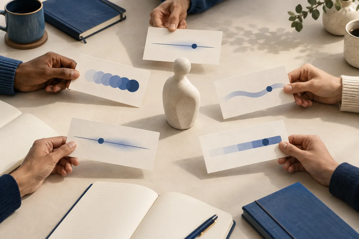 Several hands hold cards with blue dots and lines around a small white figurine on a cream table, with notebooks, a cup, and a potted plant nearby.