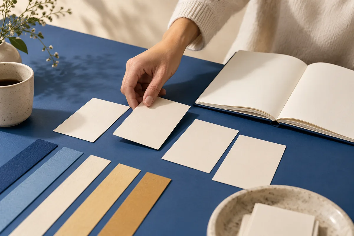 A hand selects a blank card on a blue table beside an open notebook, coffee cup, and rows of blue and tan color strips.