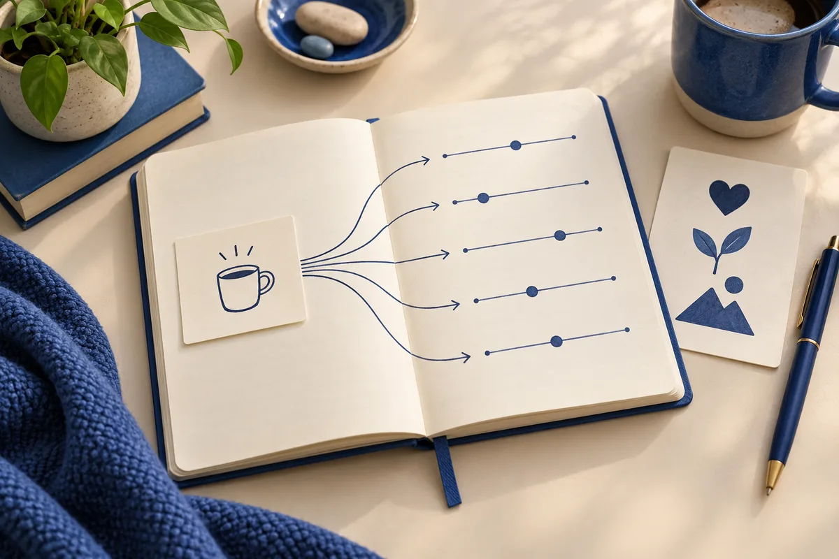 An open notebook shows a cup drawing with arrows leading to five lines marked by dots; nearby are cards with heart, leaf, and mountain symbols.