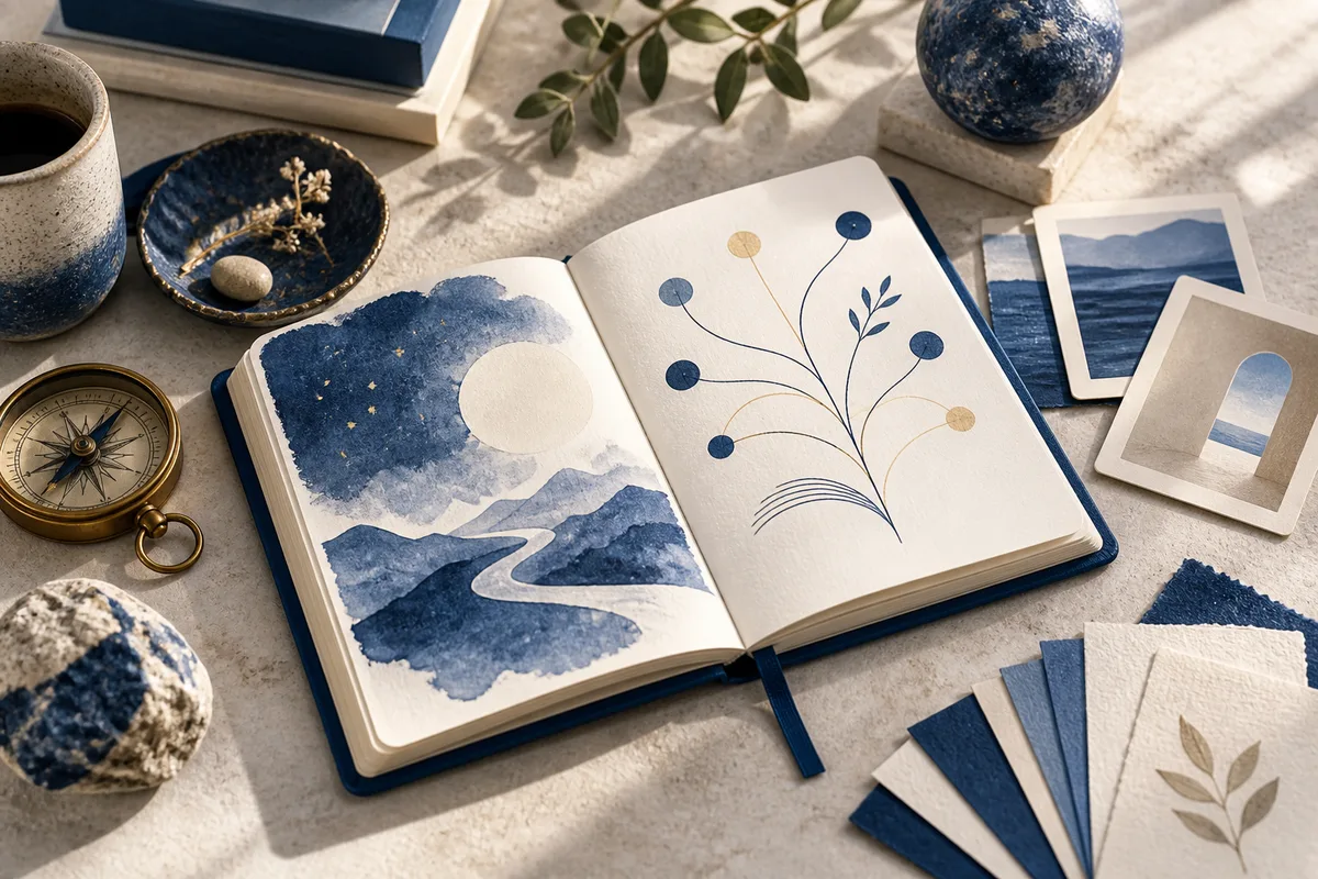 Open notebook with blue watercolor mountains and a branching circle design, surrounded by a compass, photographs, fabric swatches, a cup, and decorative objects.