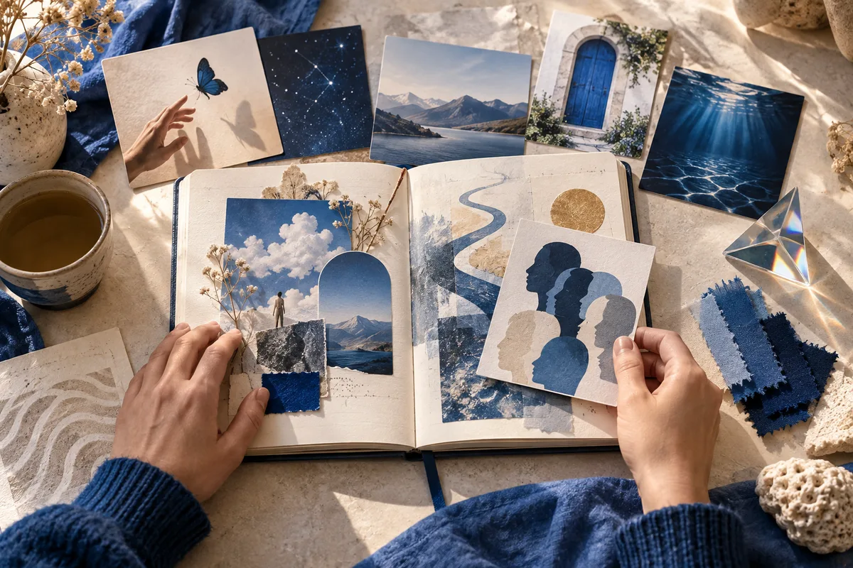 Two hands arrange pictures and fabric swatches in an open notebook; nearby cards show a butterfly, stars, mountains, a blue door, water, and overlapping silhouettes.