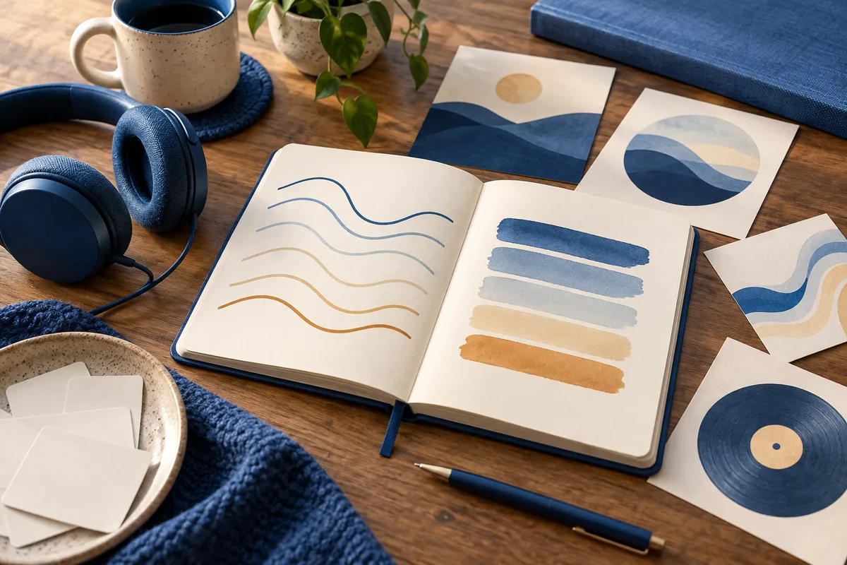 An open notebook with colored wavy lines and blank color bands sits beside headphones, a mug, abstract wave cards, and a vinyl record.