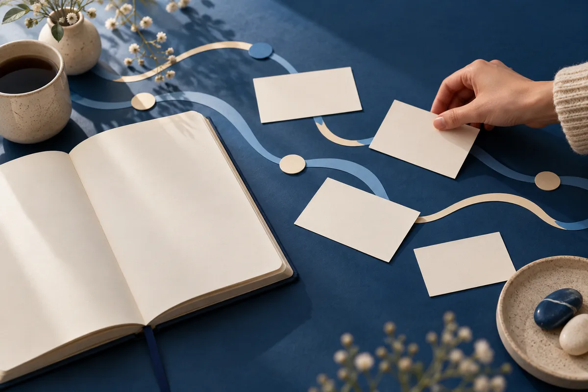 A hand places a blank card among other blank cards beside an open notebook, with winding blue and cream lines across a dark table.