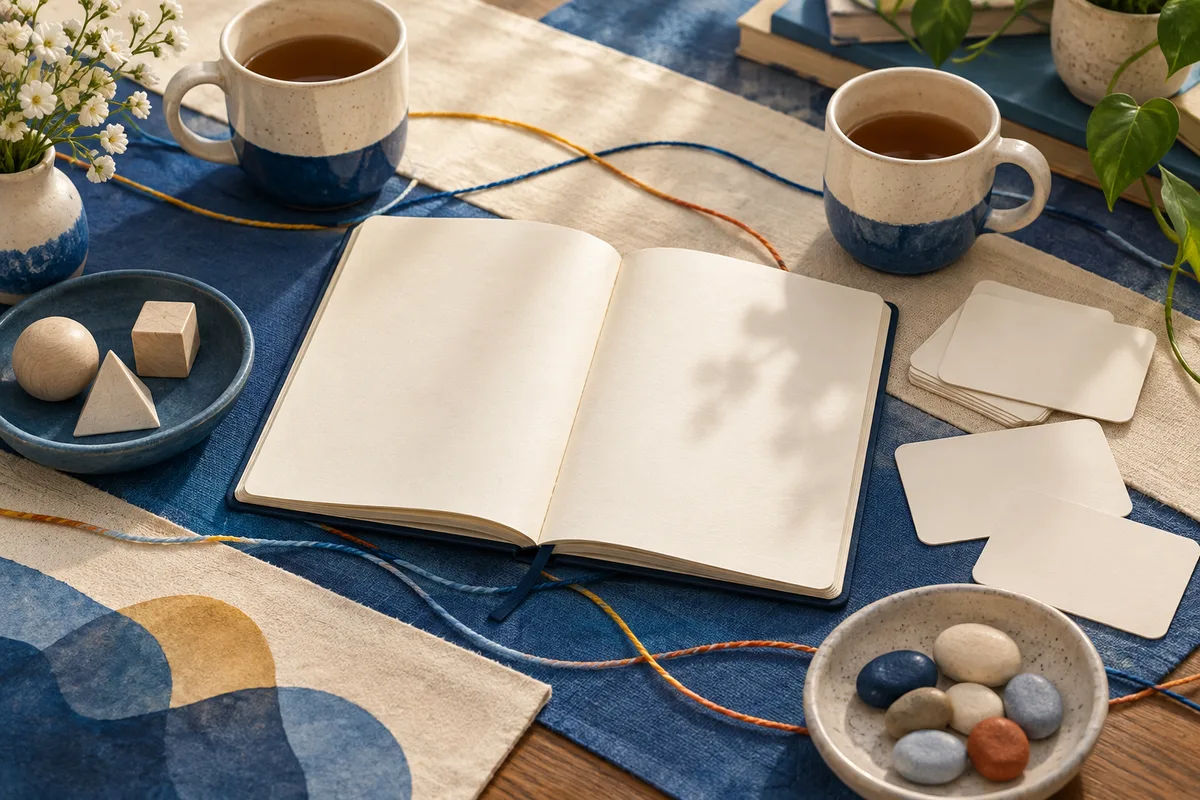 An open blank notebook sits on a blue-and-cream tablecloth among two cups, blank cards, colored cords, small geometric shapes, and bowls of stones.