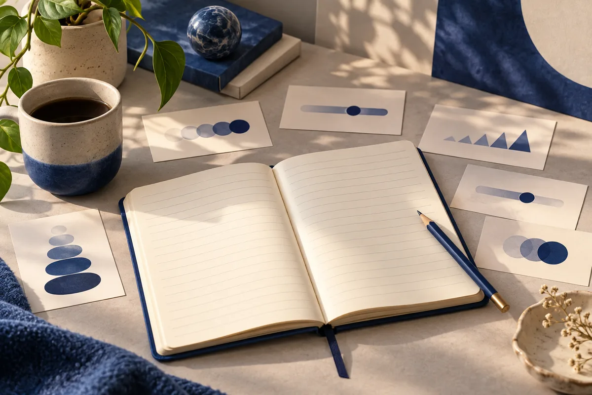 Open lined notebook and blue pen on a table, surrounded by a coffee cup, plant, and cards with abstract blue shapes.