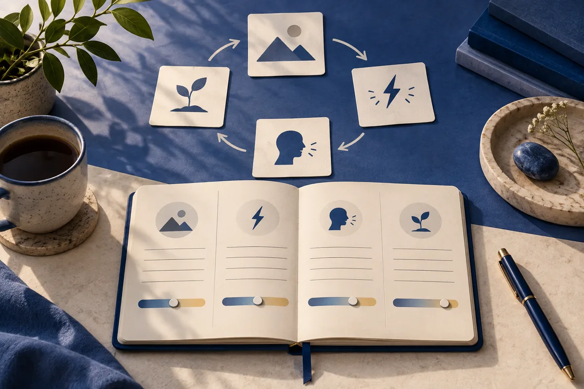 Open notebook with four illustrated panels and slider bars, surrounded by matching cards linked by curved arrows.