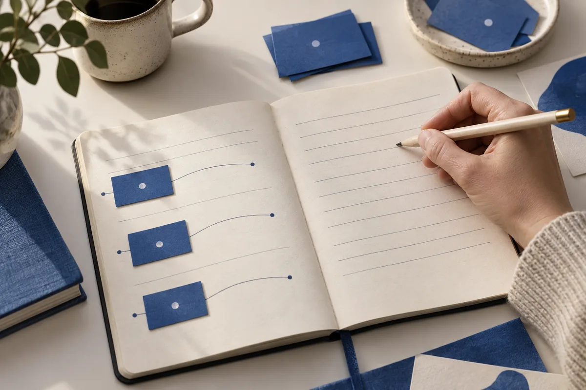 A hand writes with a pencil in an open lined notebook beside blue cards connected to curved lines.