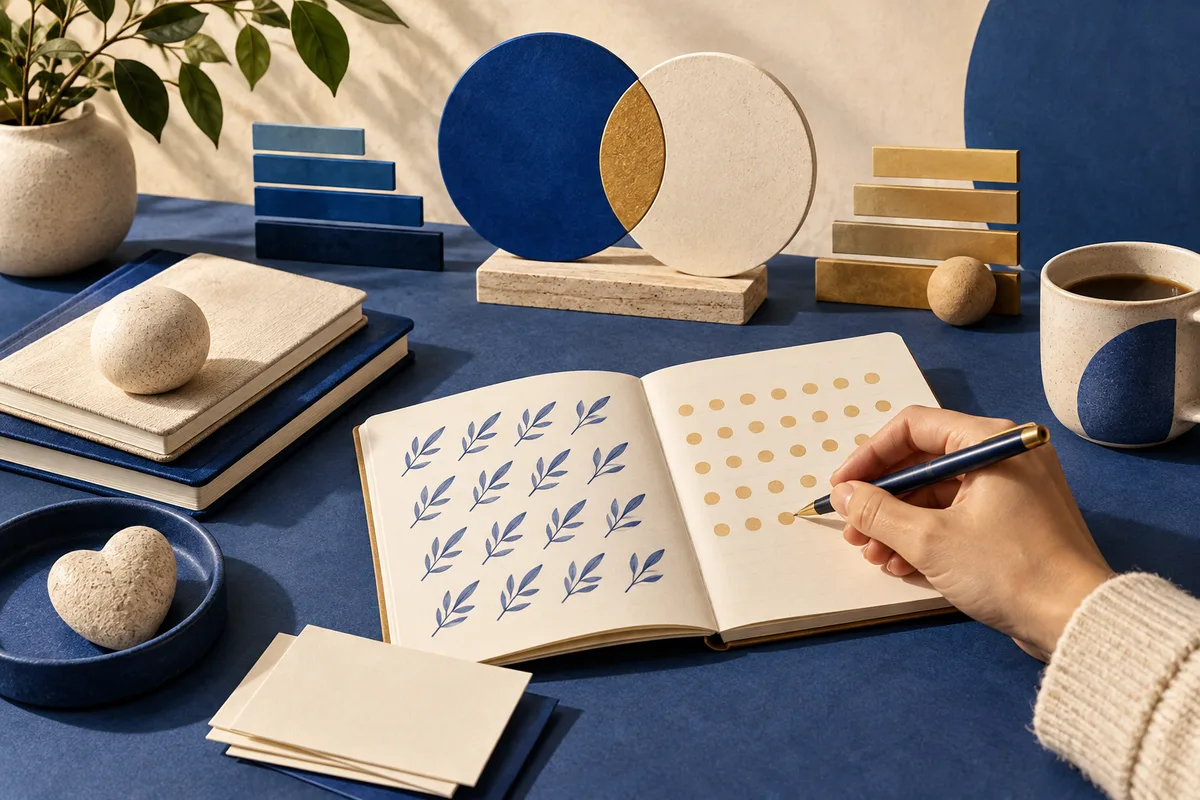 An open notebook with leaf sketches and rows of dots sits on a blue table as a hand marks the page; books, stacked bars, overlapping circles, a plant, and a coffee cup surround it.