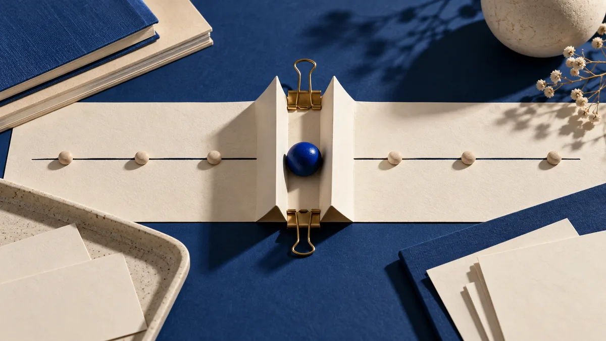 Overhead still life on a deep blue surface with cream paper strips, a row of small beige spheres, a blue sphere held between folded paper, gold binder clips, books, cards, and dried flowers.