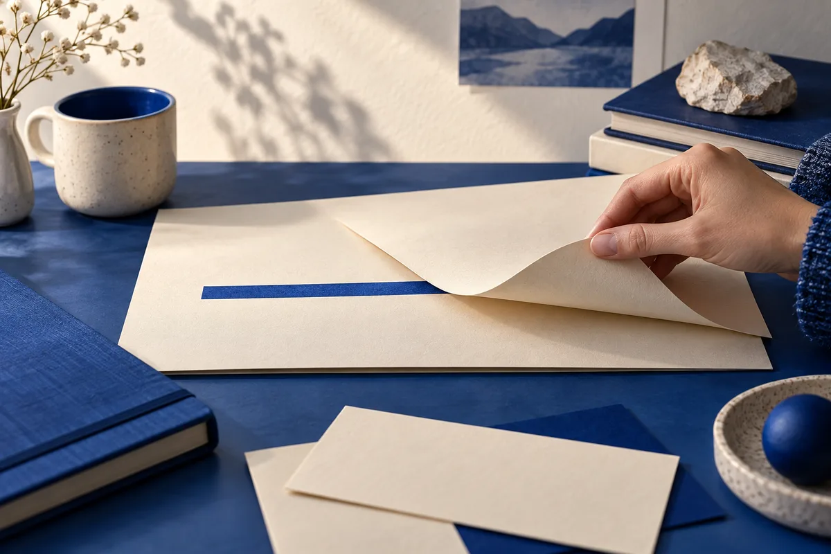 A hand lifts the corner of a cream sheet to reveal a horizontal blue stripe, surrounded by envelopes, a blue mug, books, a bowl, and dried flowers.