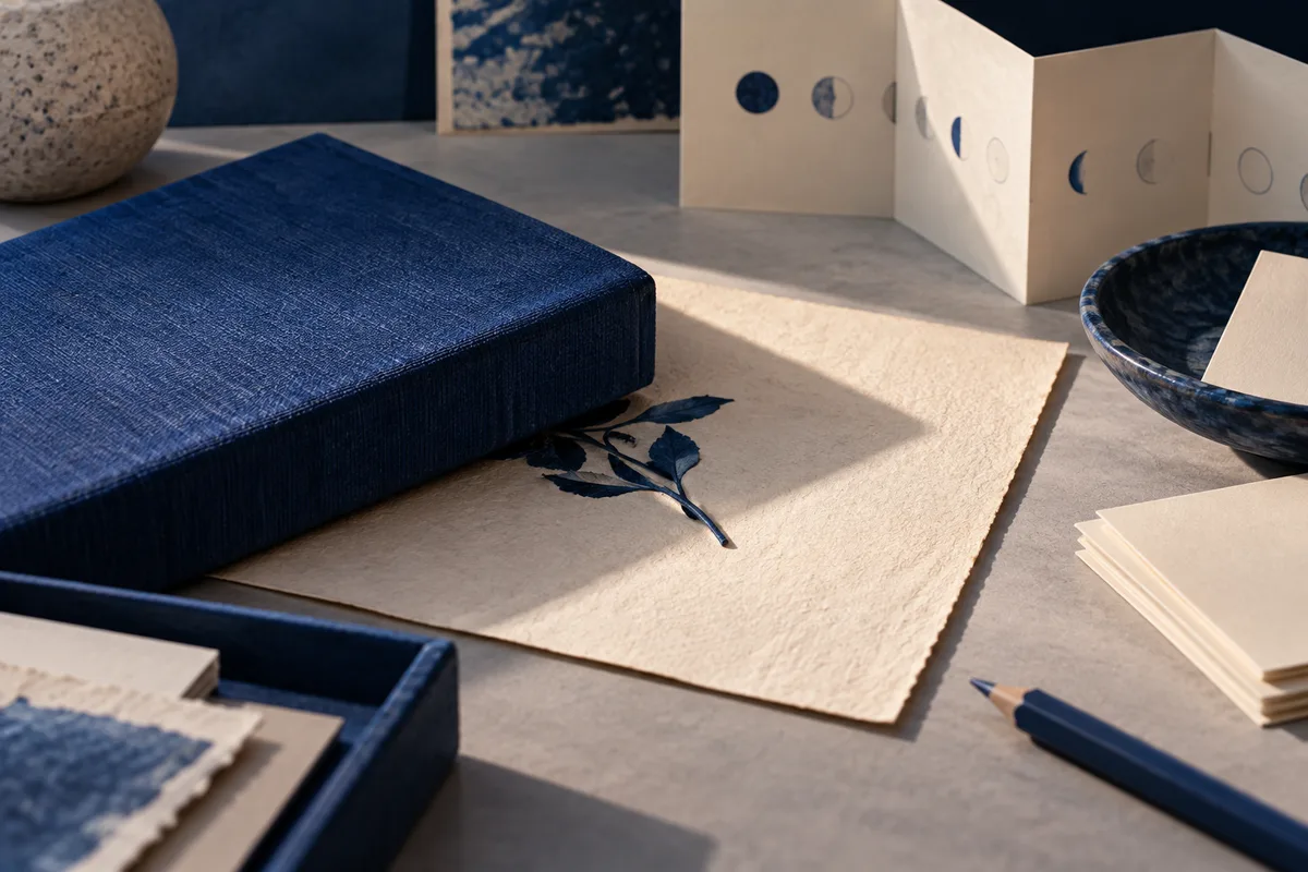 A closed blue book rests on a cream sheet beside a dark blue leaf, an accordion-folded paper with circular marks, a bowl, stacked papers, and a blue pencil.