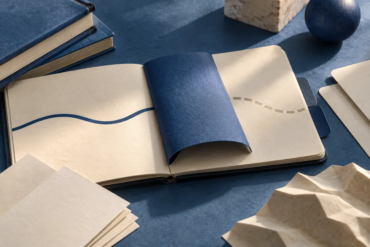 An open notebook shows a wavy blue line and a dashed gray curved line, partly covered by a curved blue sheet, with books, papers, a blue sphere, and a crumpled sheet nearby.