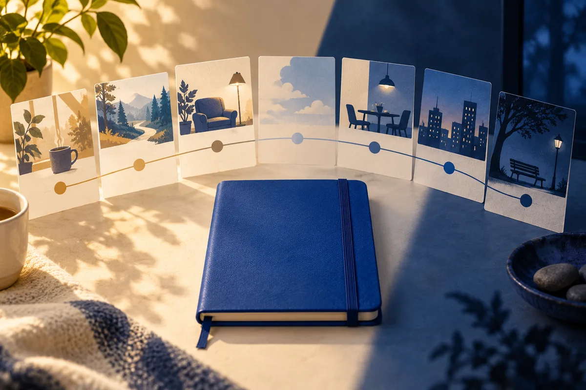 A closed blue notebook sits before a row of illustrated cards showing leafy plants, a winding path, an armchair, clouds, a dining table, city buildings, and a nighttime park bench.
