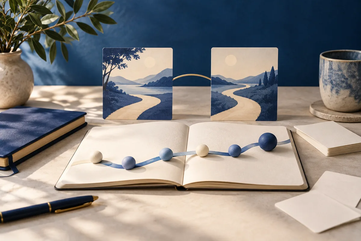 An open book shows a blue line passing through cream and blue spheres; behind it, two cards depict winding paths through blue landscapes, with a plant, books, and a mug on the desk.