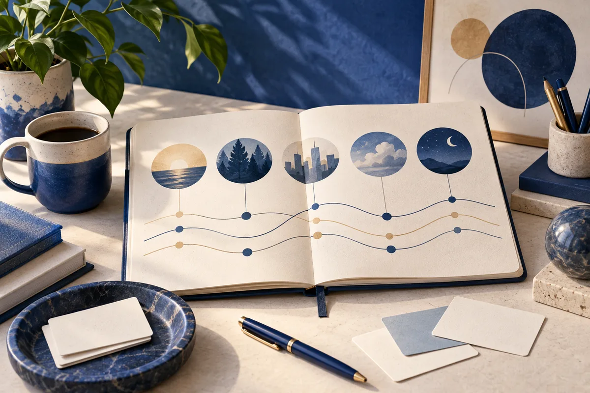 An open notebook on a desk shows five small landscape illustrations above three wavy lines with colored dots. A mug, plant, pen, and blank cards sit nearby.