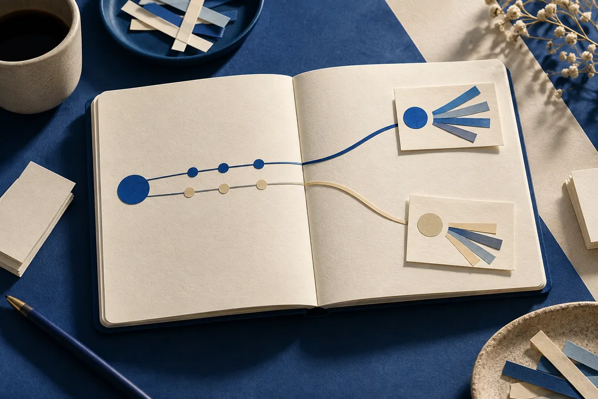 An open notebook on a blue desk shows two parallel lines with colored dots that curve toward separate cards with branching shapes. A cup, pen, loose papers, and a small flowering branch sit nearby.